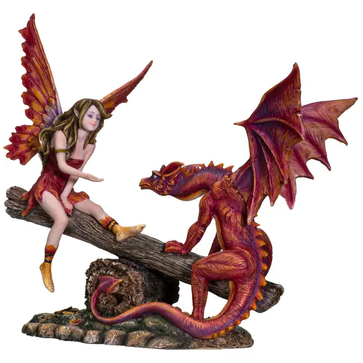 PACIFIC TRADING Fairy w/Red Dragon on Seesaw Sculpture