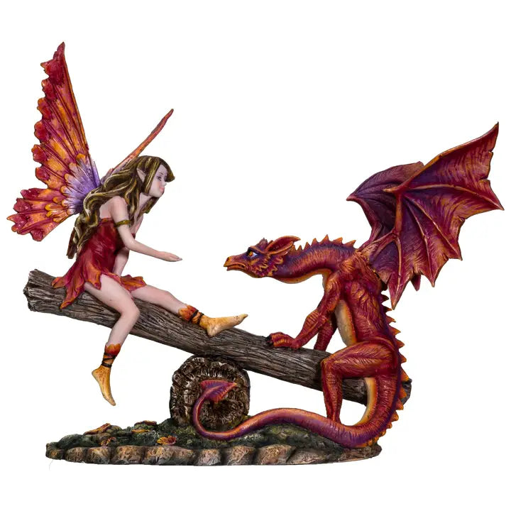 PACIFIC TRADING Fairy w/Red Dragon on Seesaw Sculpture