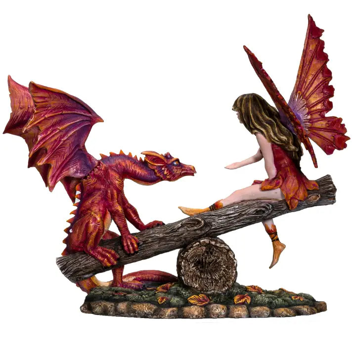 PACIFIC TRADING Fairy w/Red Dragon on Seesaw Sculpture
