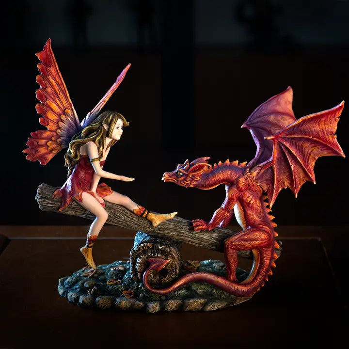 PACIFIC TRADING Fairy w/Red Dragon on Seesaw Sculpture