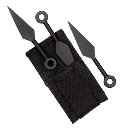 The Lair Shadow Strike Trio Black-Wrapped Mini Kunai Throwing Knives Set With Belt Pouch